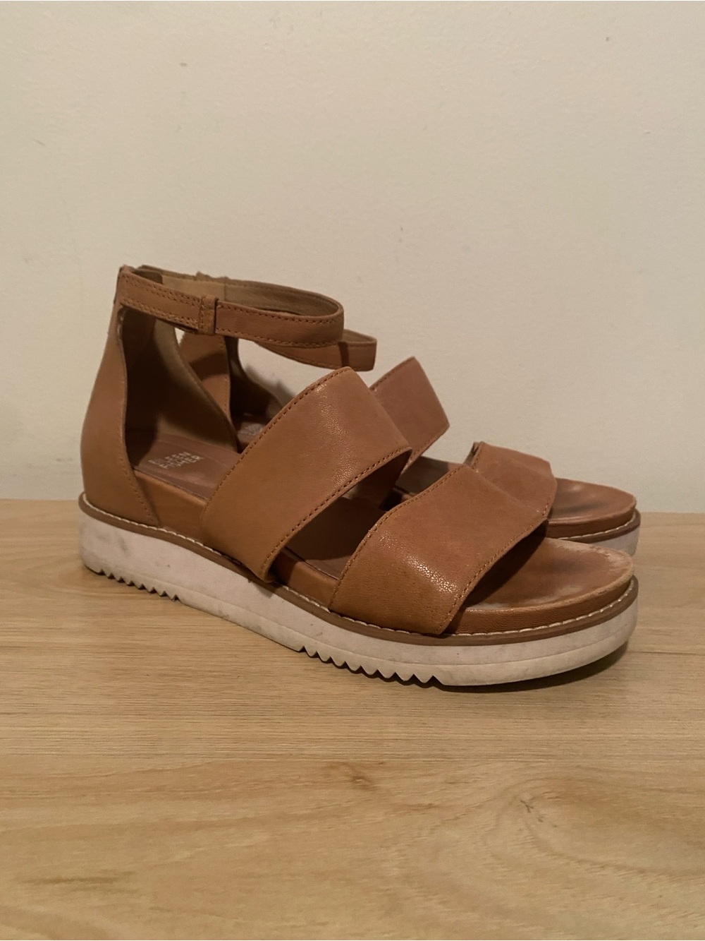 Eileen Fisher Tan Leather Platform Ankle-Strap Sandals 8
